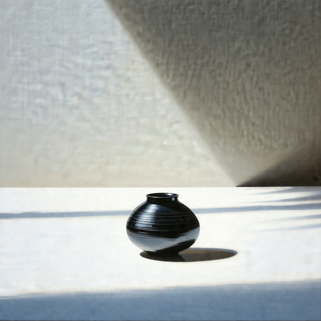 Black vase sitting on a white table