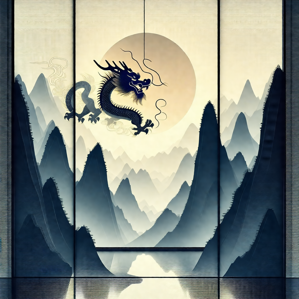 Dragon flying through the sky, with a mountainous landsca...