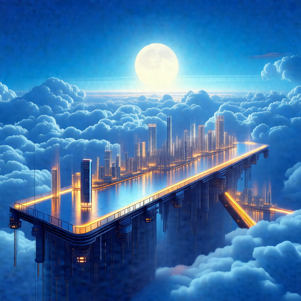 Futuristic cityscape with a large, illuminated bridge tha...