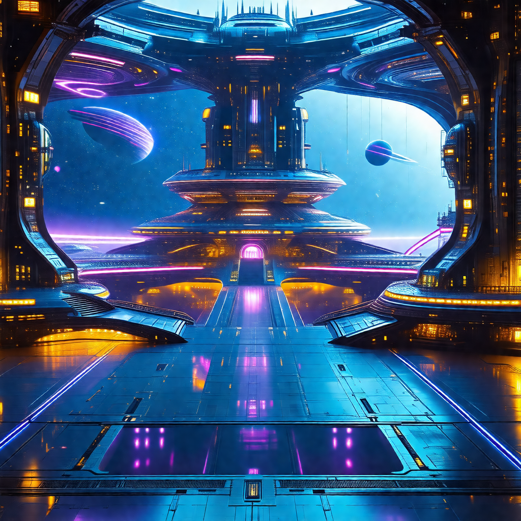Futuristic cityscape with a large, purple-lit building in...