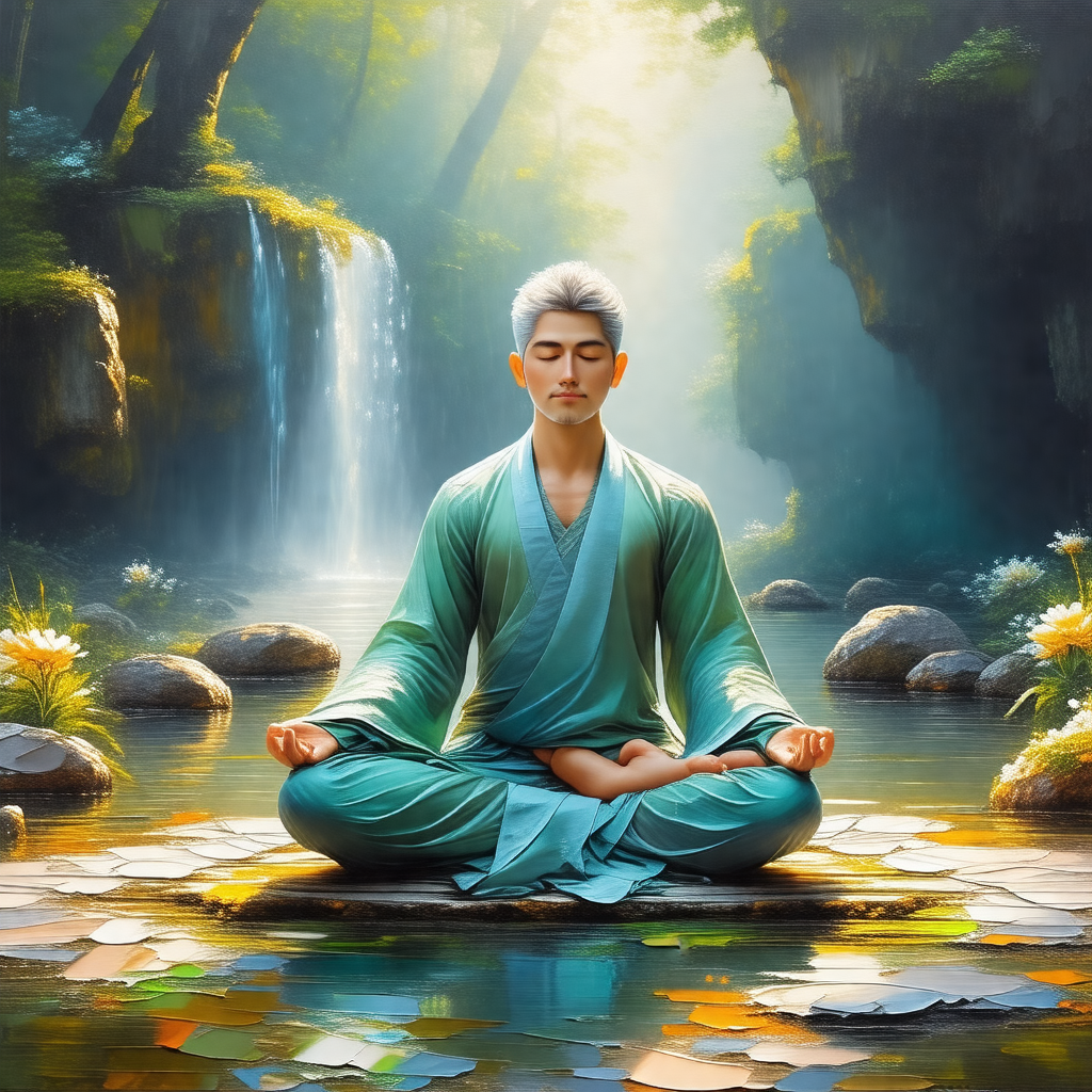 Man sitting in a lotus position on a rock in a forest