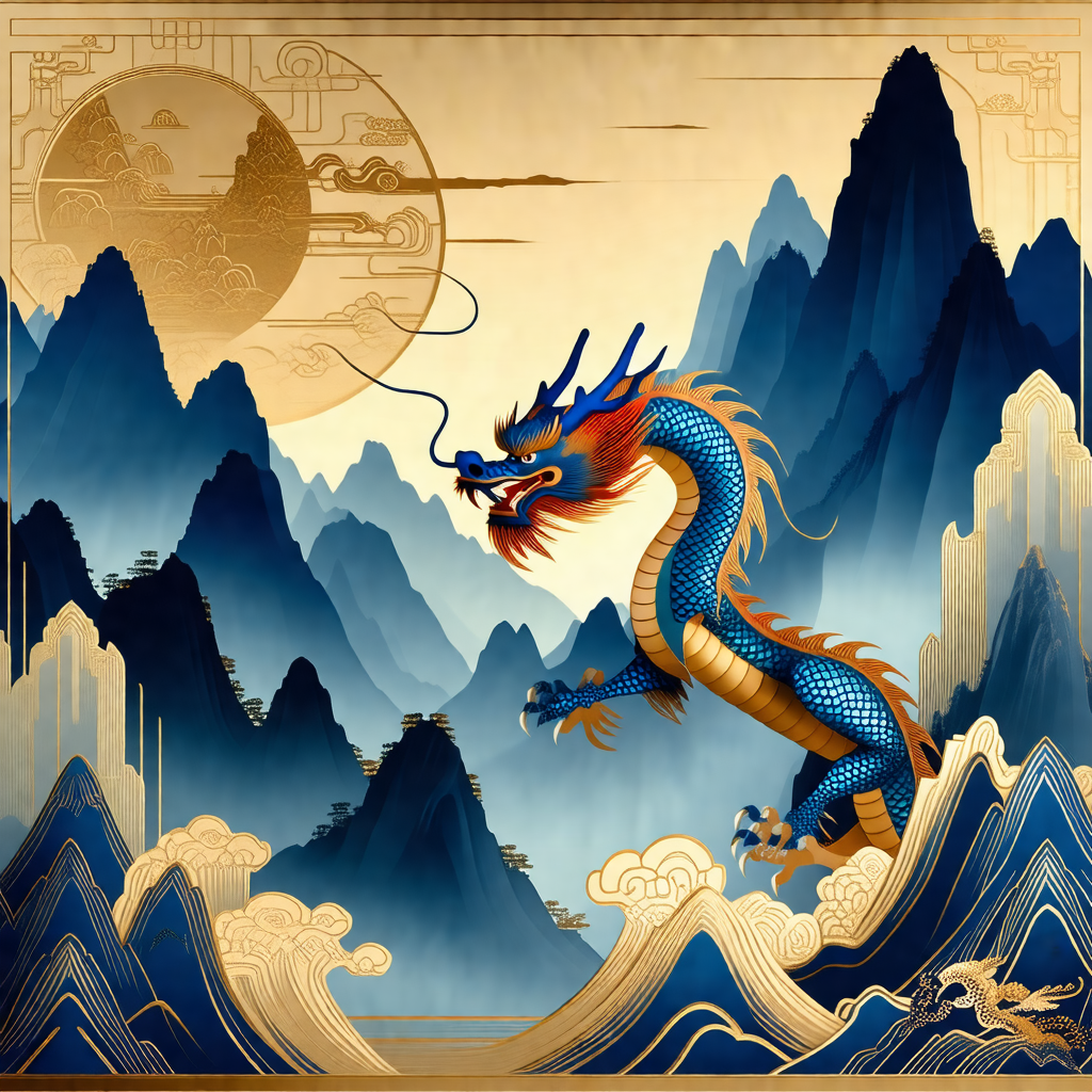 Large, colorful dragon with a red and blue body, standing...