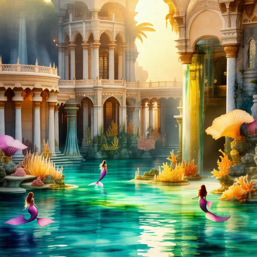 Beautiful underwater scene with three mermaids swimming i...