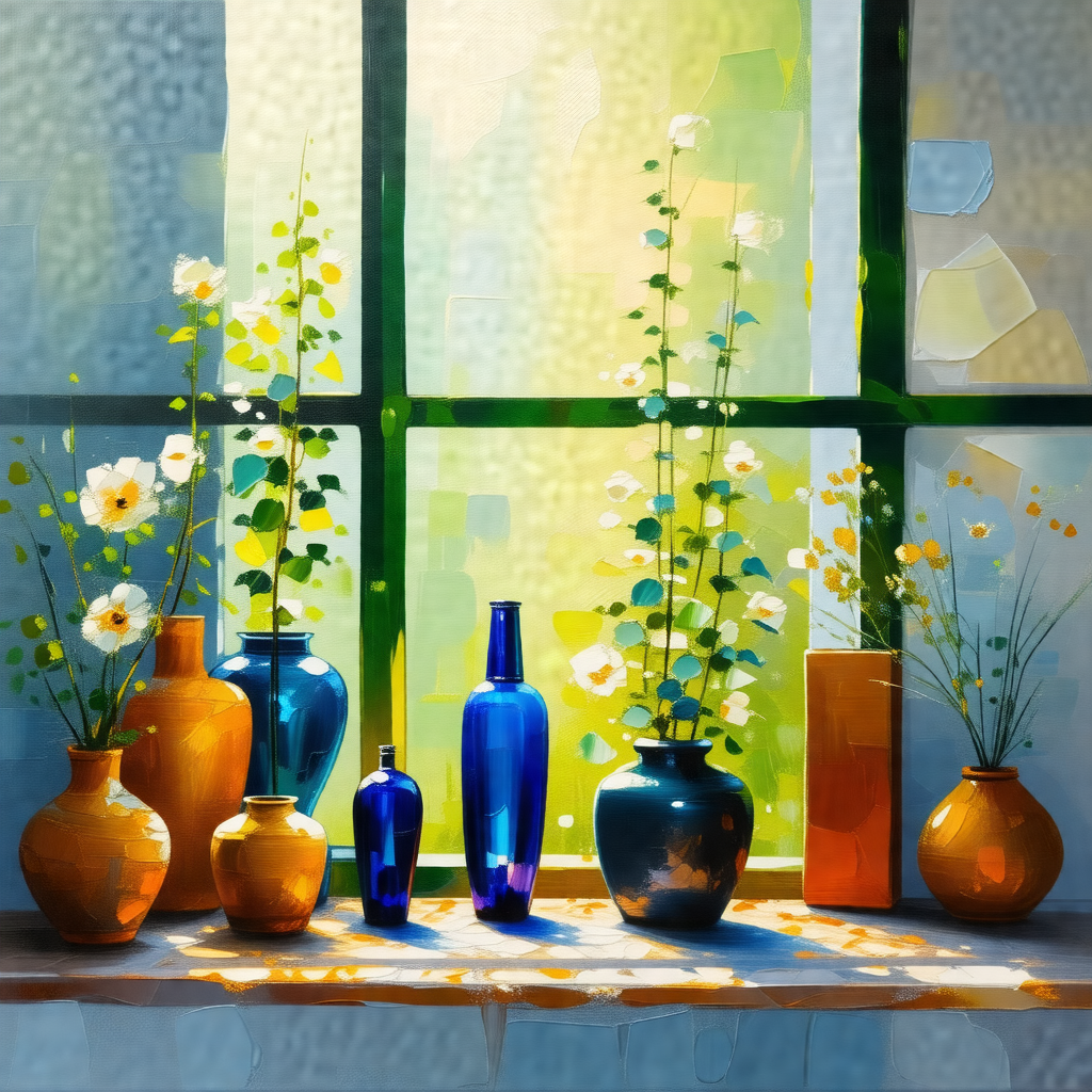 Window with a variety of vases and flowers placed on a wi...