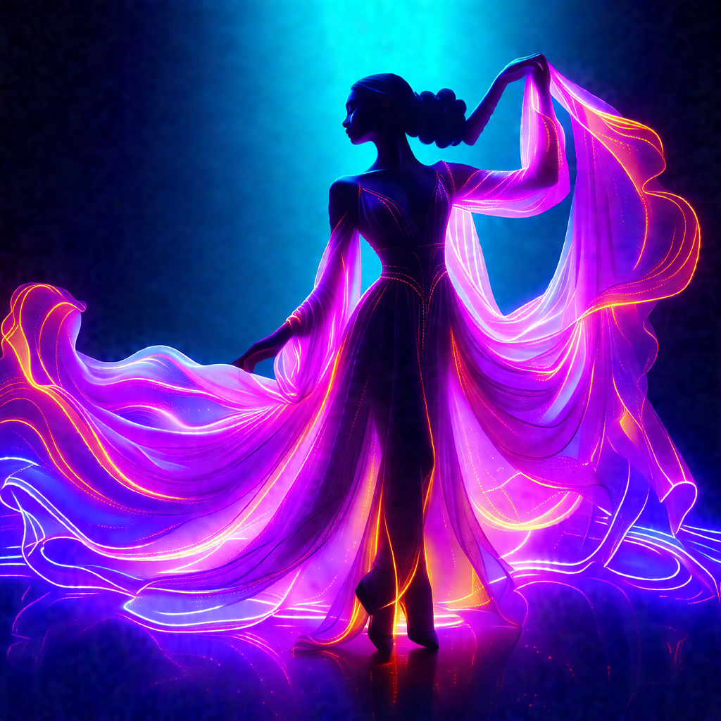 Woman dressed in a purple gown, standing in a dark room