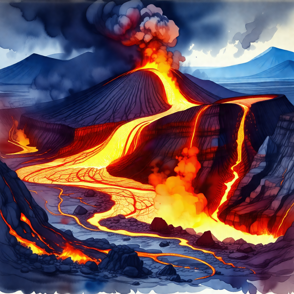 Colorful, hand-drawn illustration of a volcano with a riv...