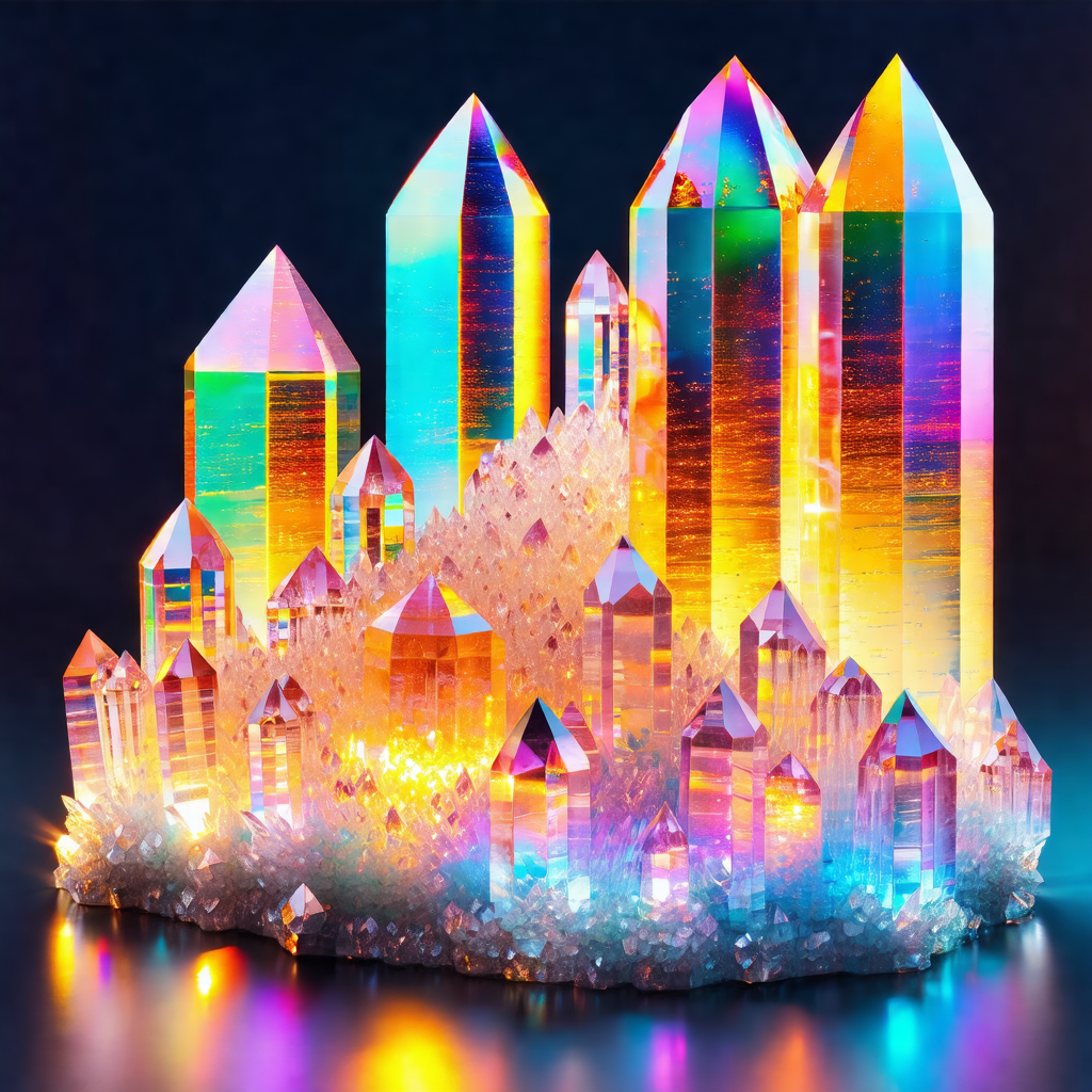 Large, colorful crystal structure that resembles a cityscape
