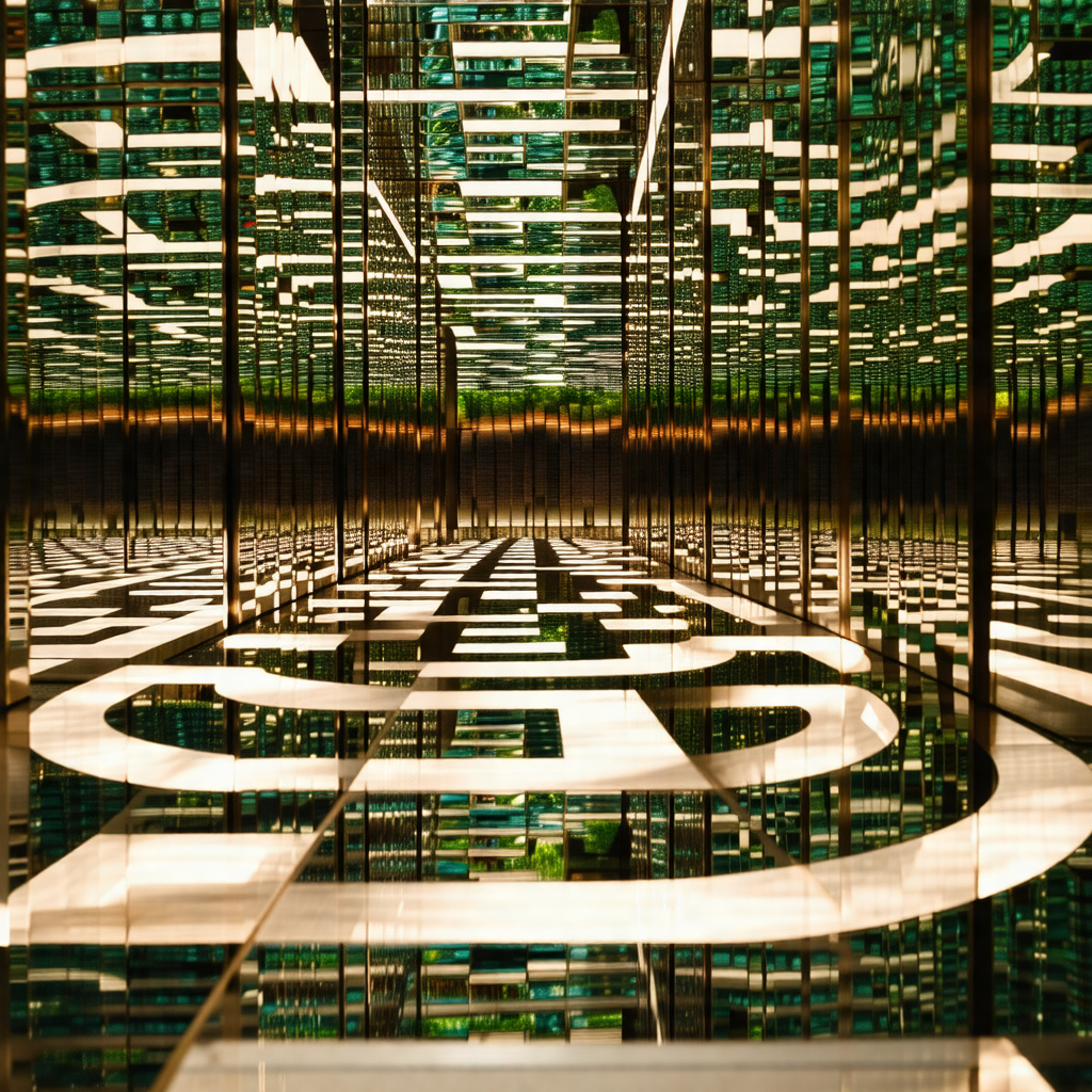Large, multi-layered glass structure with a mirrored surface