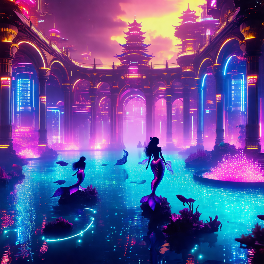 Beautiful mermaid standing in a pink and purple waterfall...
