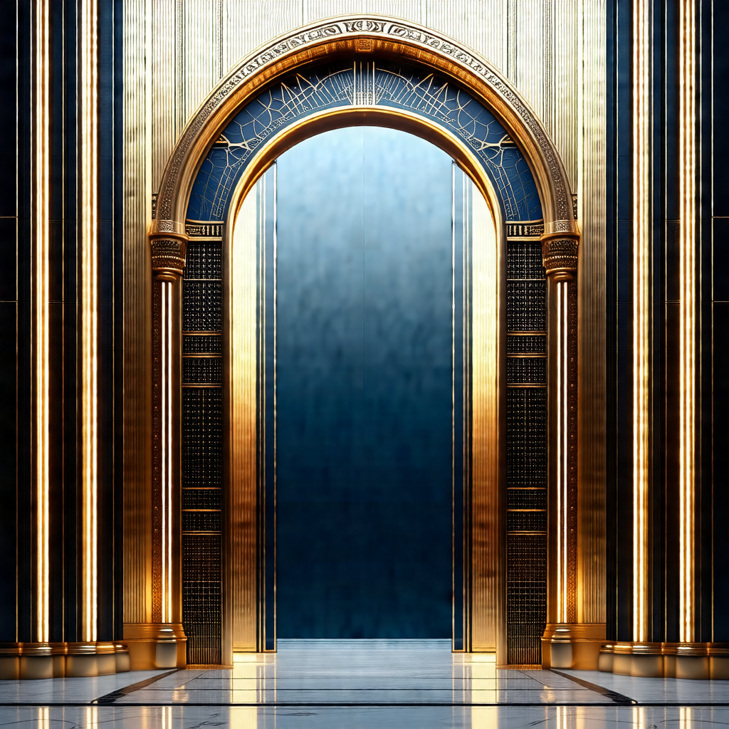 Large, ornate doorway with a gold and blue color scheme