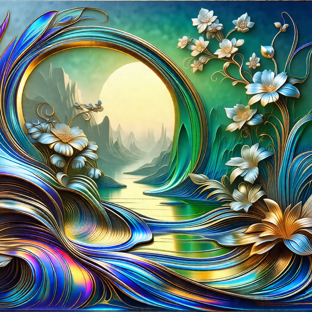 Colorful painting of a waterfall, featuring a beautiful w...