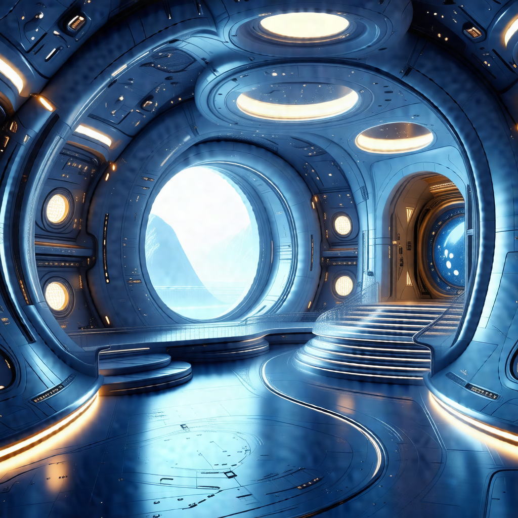 Futuristic, blue-lit room with a large, open doorway