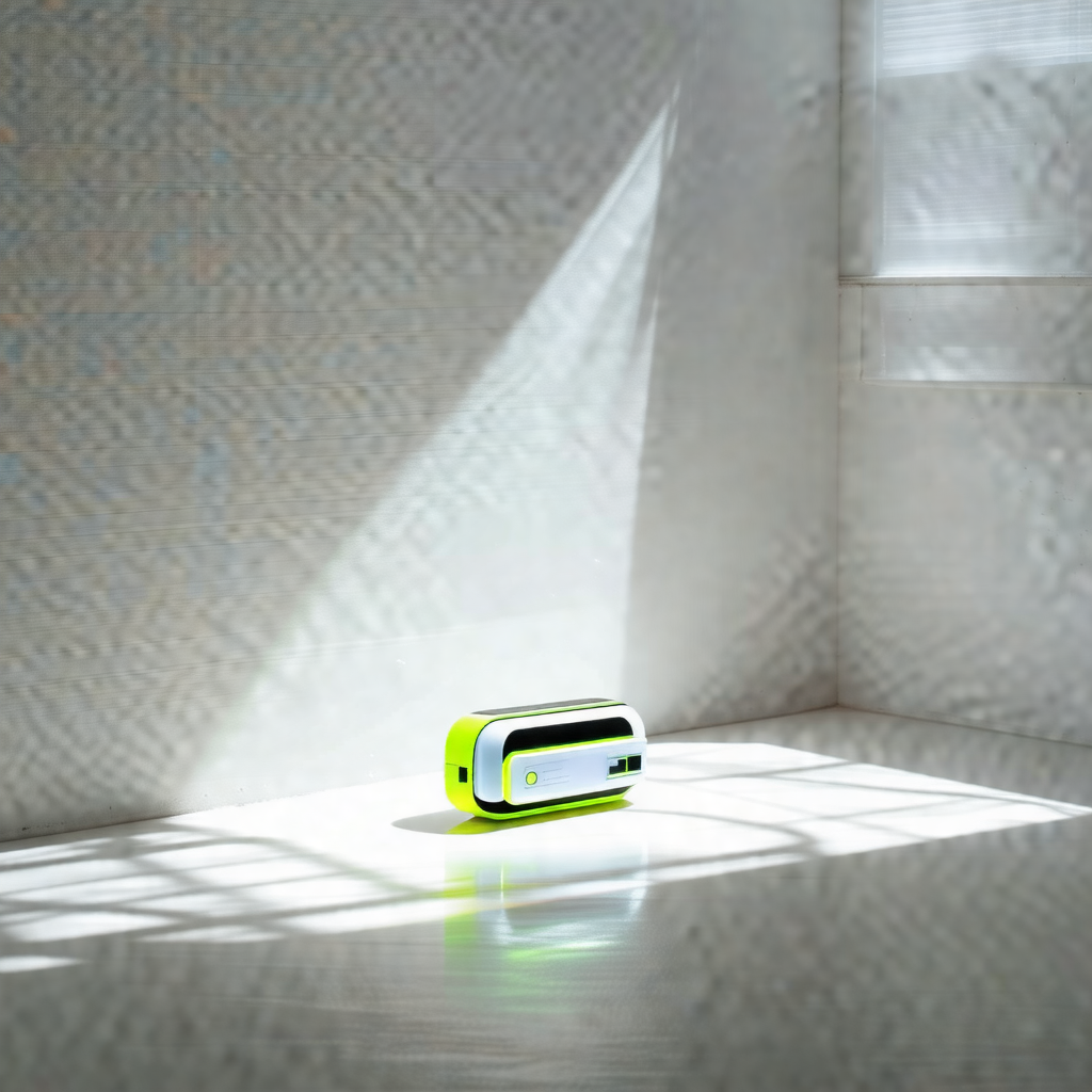 Small, bright green speaker sitting on a white surface, p...