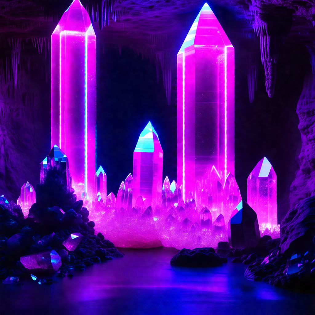 Purple cave with a group of purple crystals and towers