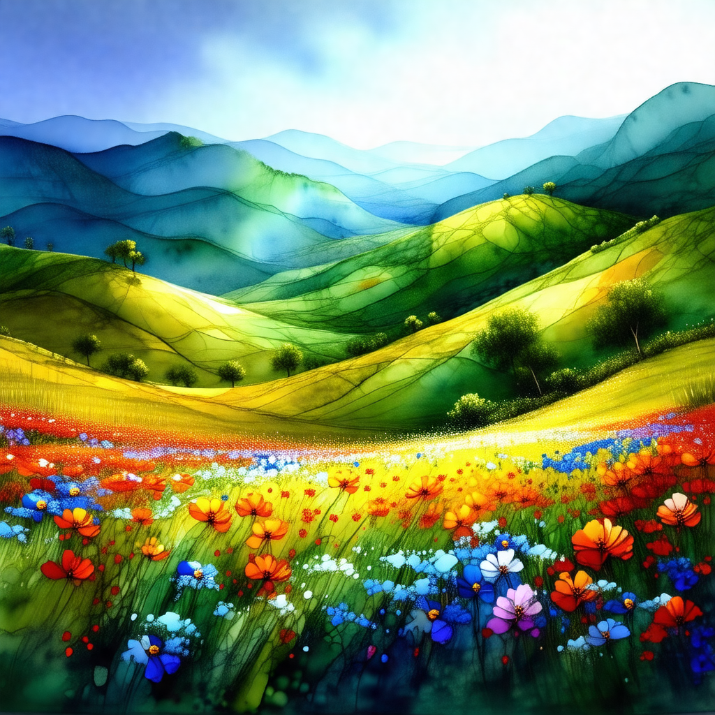 Beautiful landscape with a lush green hillside and a vibr...