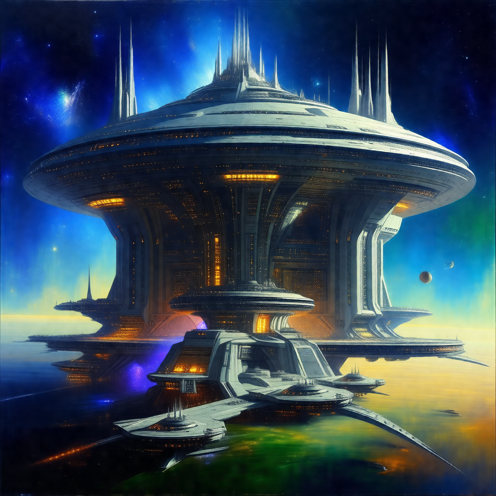 Futuristic city with a large, round building in the center