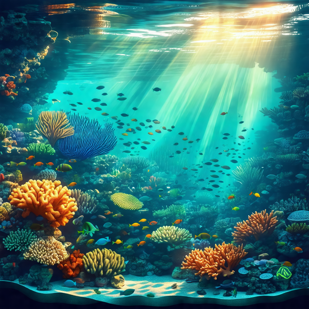 Showcases a vibrant underwater scene filled with a variet...