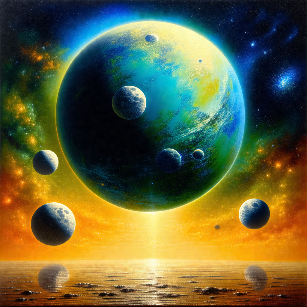 Beautifully painted scene of a planet with a blue atmosph...