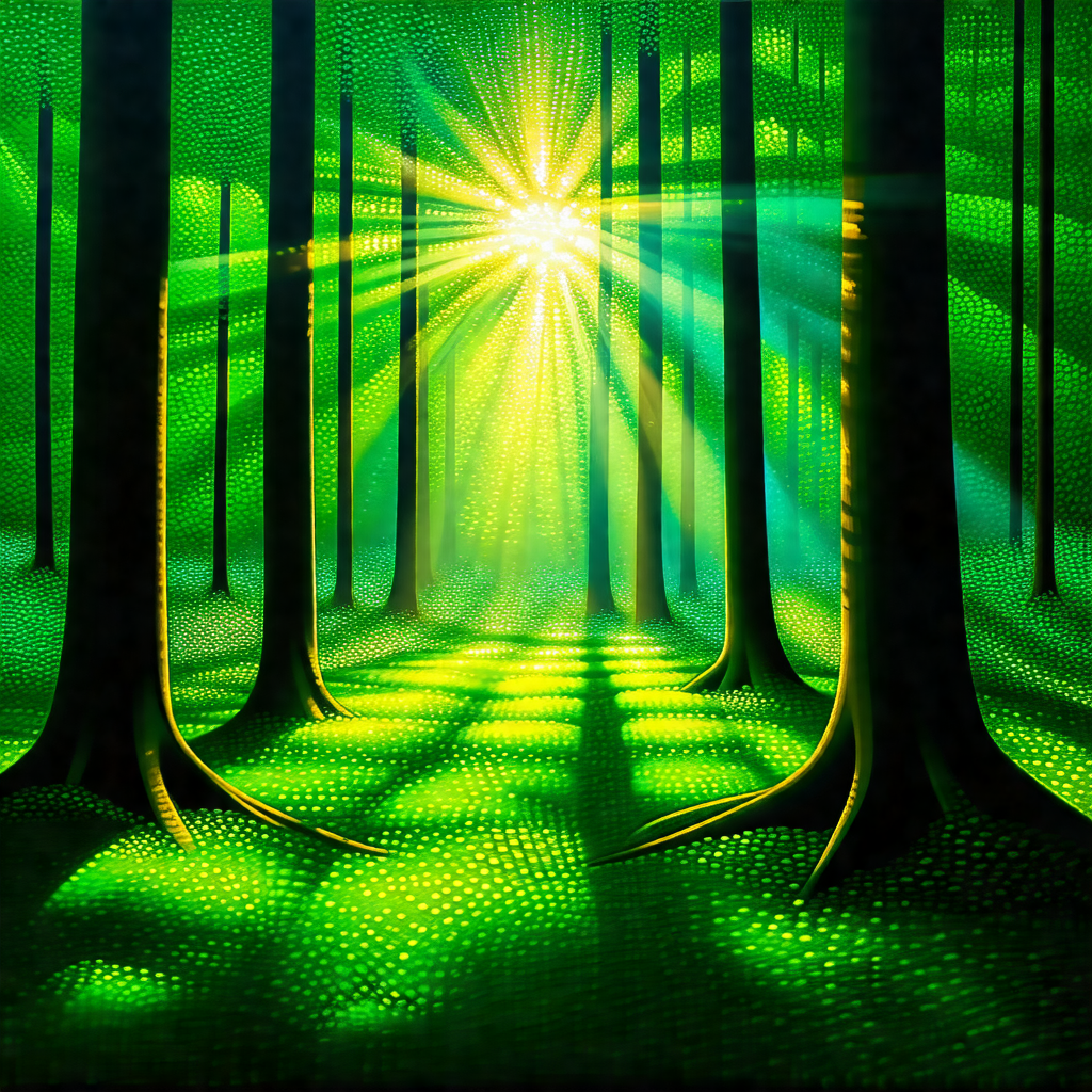 Painting of a forest with a bright sun shining through th...