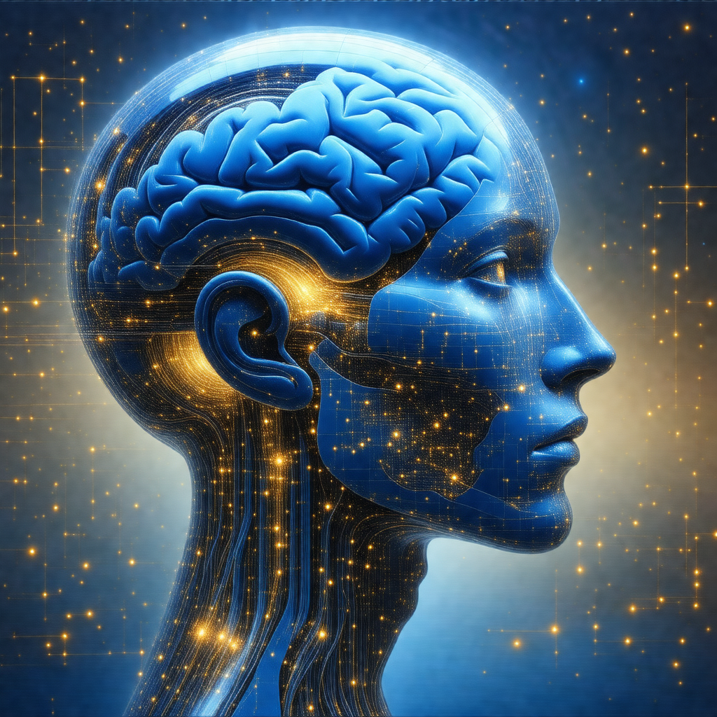 Close-up of a human head, with a blue brain visible in th...