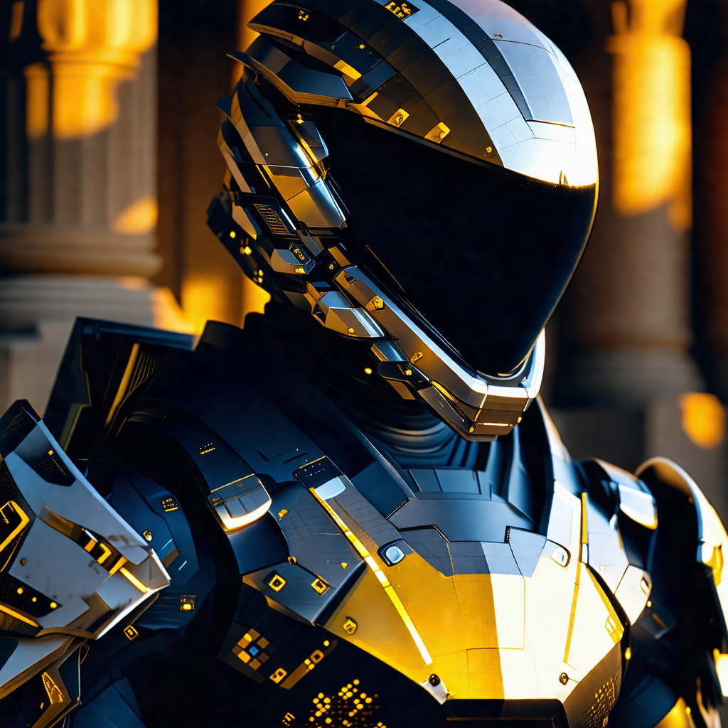 Futuristic robot with a metallic helmet, standing in fron...