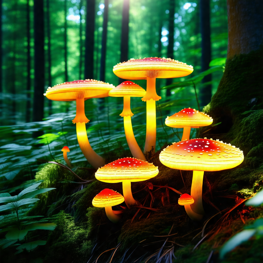 Group of brightly lit mushrooms growing in a forest