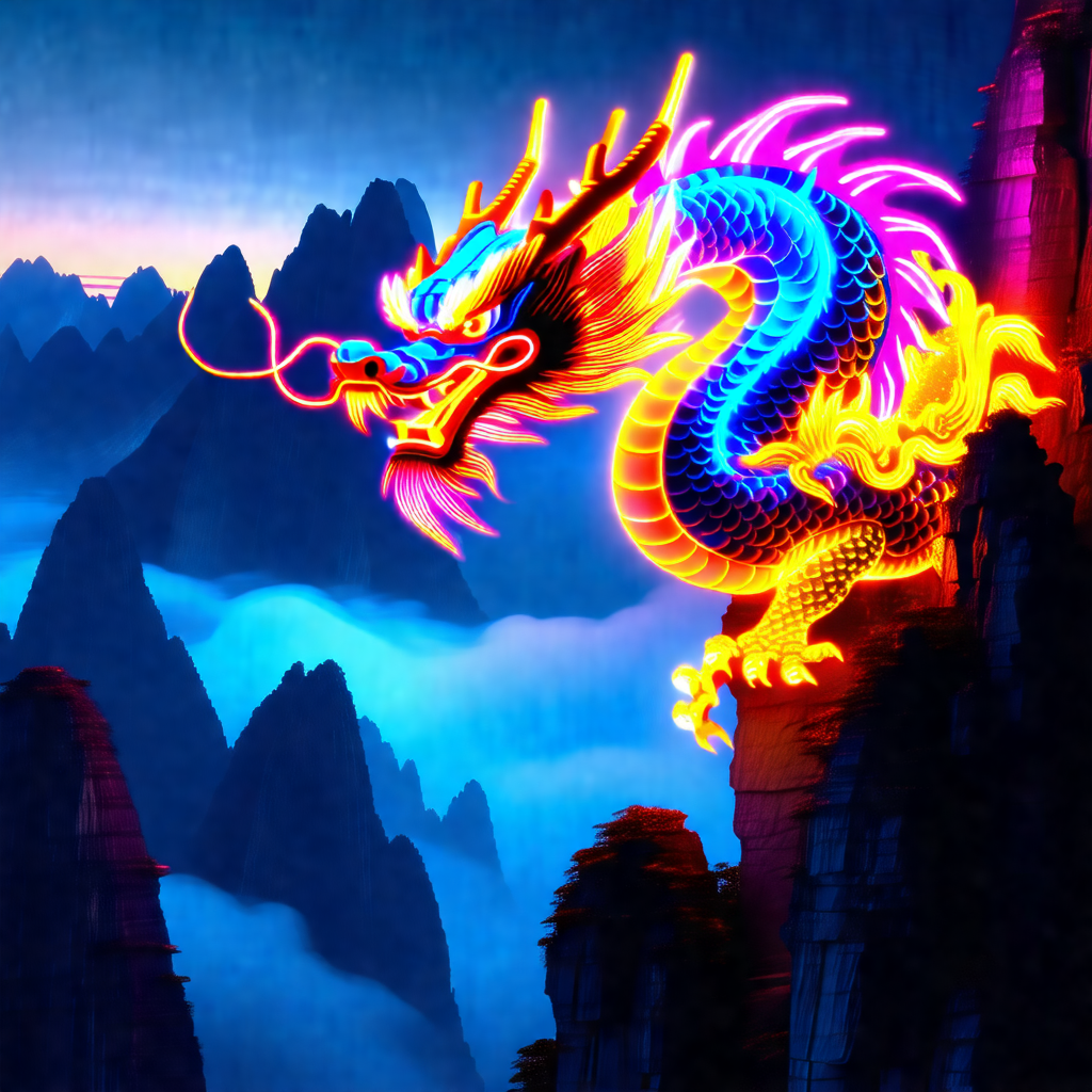 Large, colorful dragon with a long neck and a long tail, ...