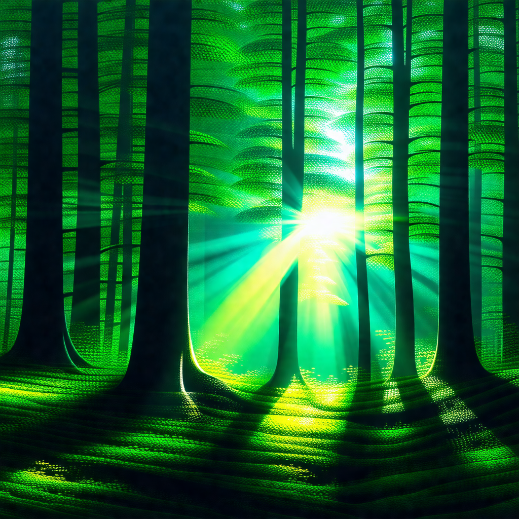 Painting of a forest with a bright sun shining through th...