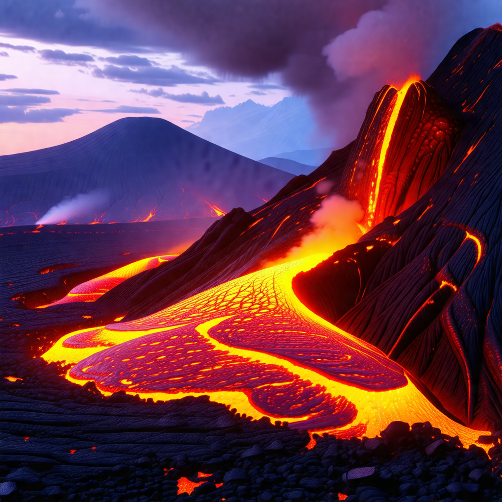 Large, red, and black volcano with a flowing lava stream