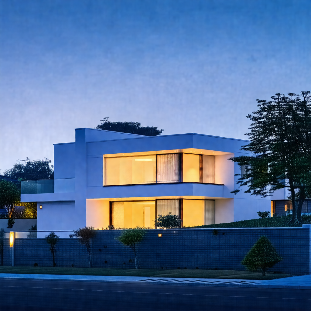 Large, modern white house with a brick wall surrounding it