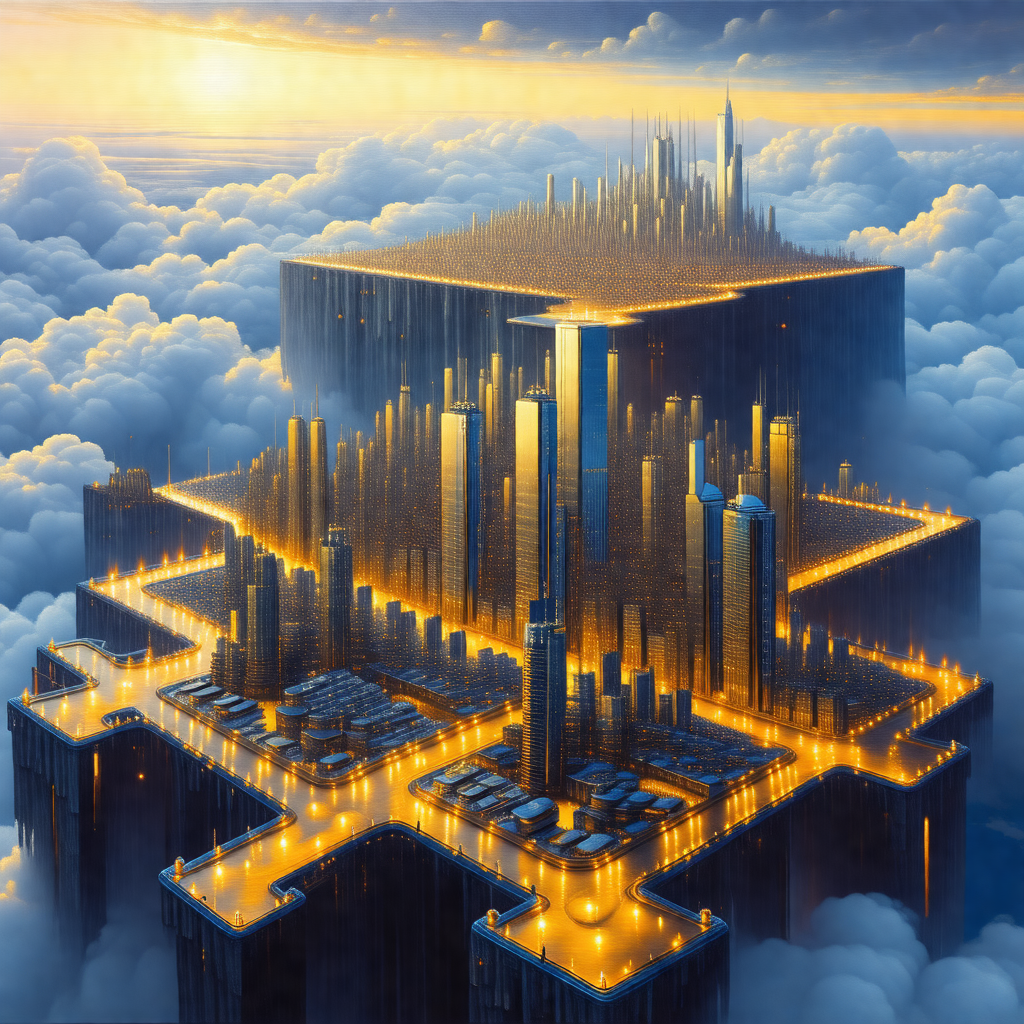 Painting of a futuristic cityscape, featuring a large, ta...