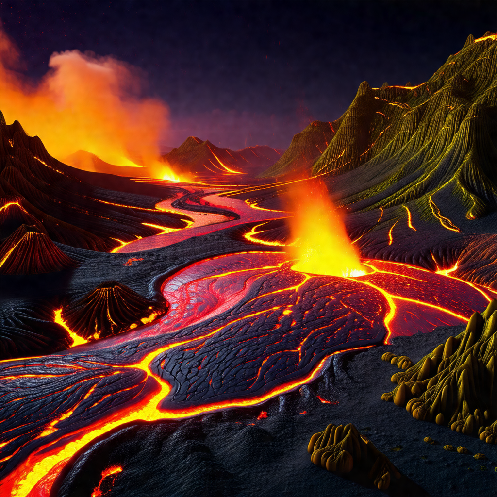 Computer-generated (cgi) depiction of a volcanic landscape