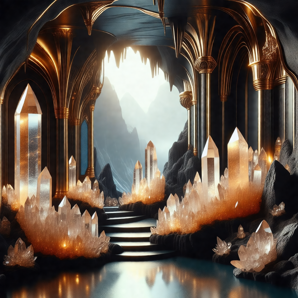 Black and white drawing of a cave with a waterfall
