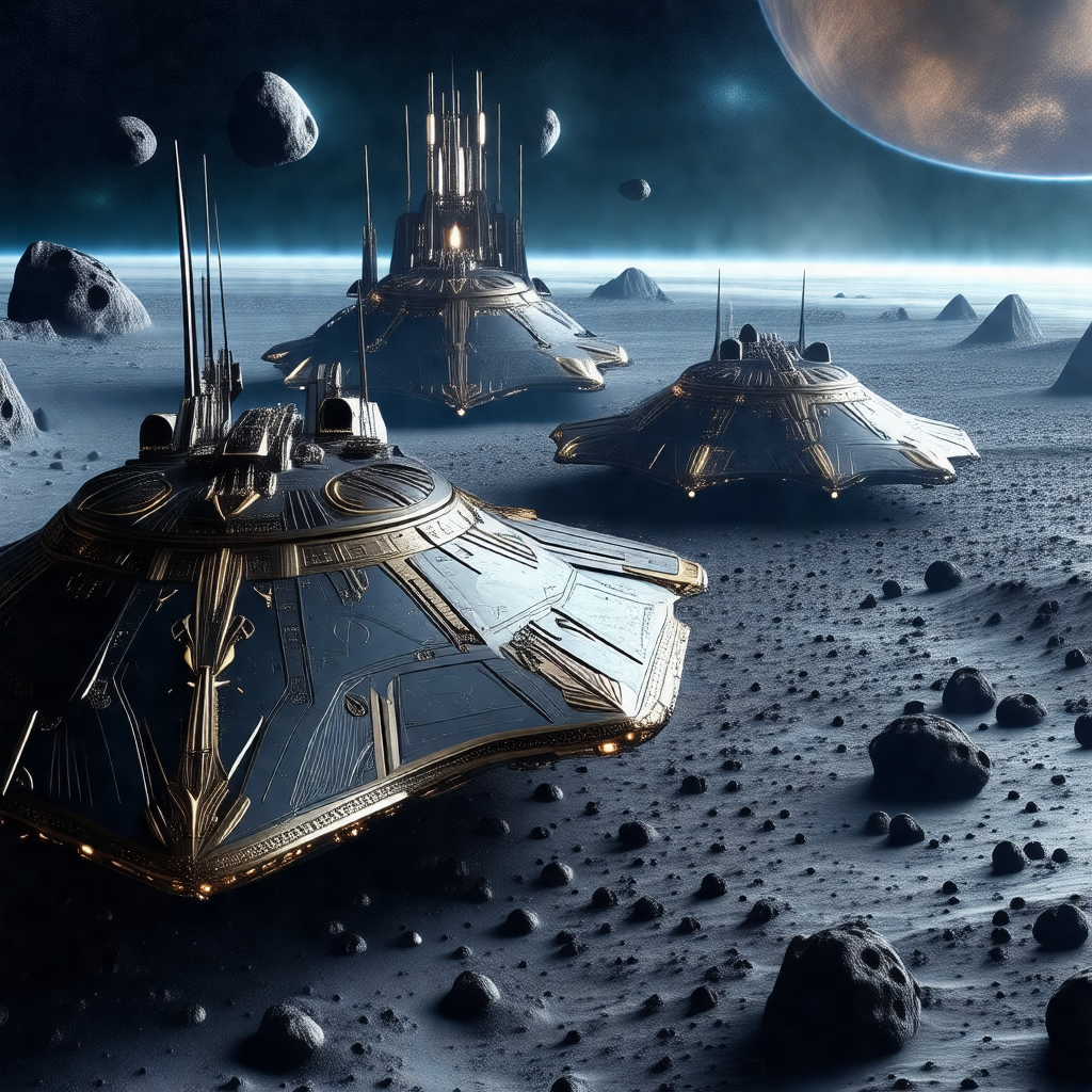 Futuristic scene with a group of four spaceships floating...