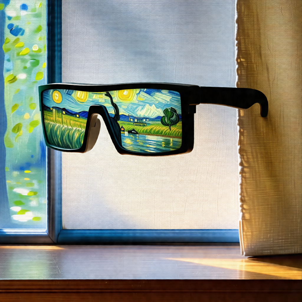 Pair of sunglasses hanging on a window curtain