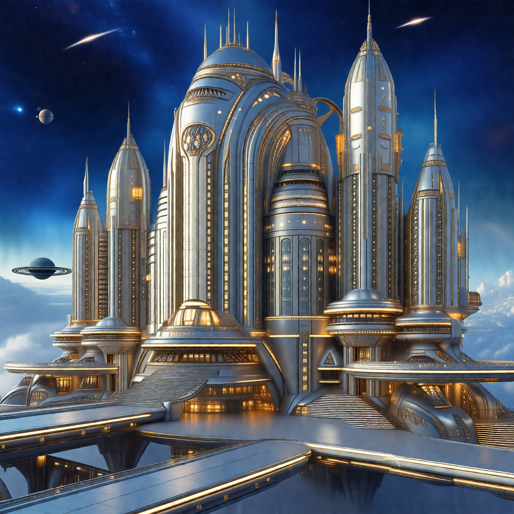 Digital painting of a futuristic city with a large, ornat...
