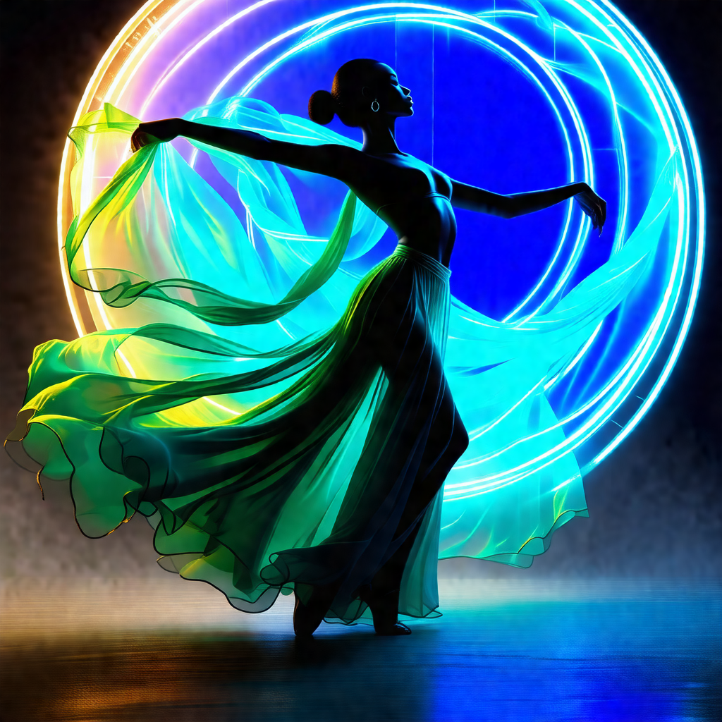 Woman in a flowing green dress, standing in a circle of l...