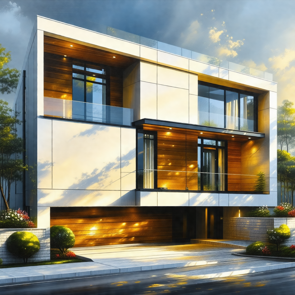 Painting of a large, modern-looking house with a white ex...