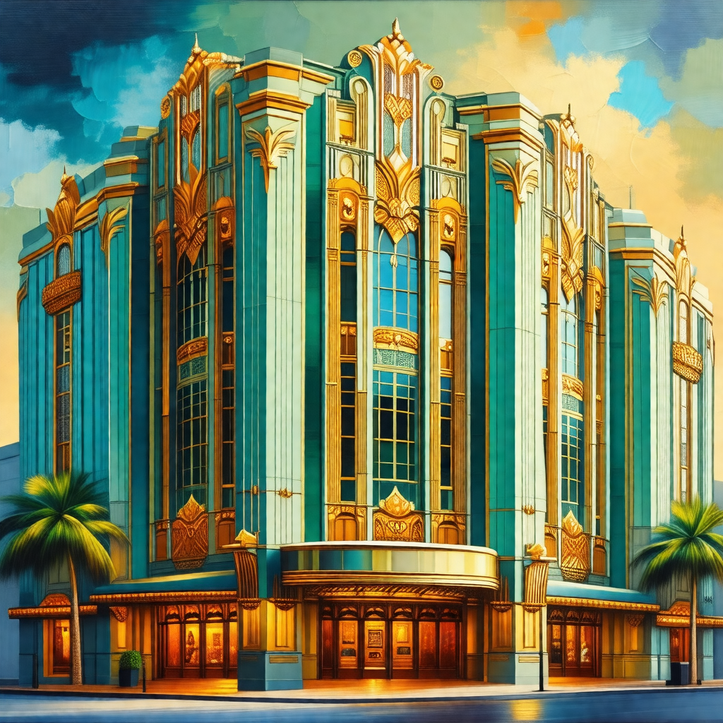 Painting of a large, ornate building with a blue and gold...