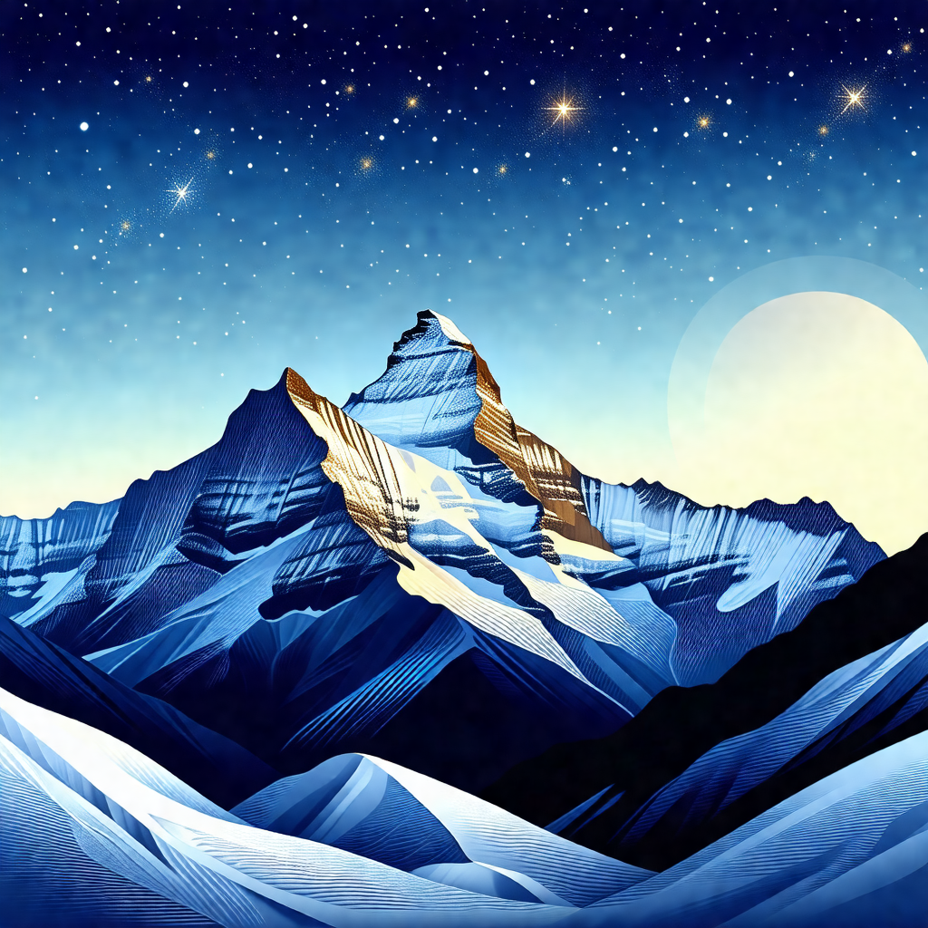Majestic mountain with a snow-covered peak, towering over...