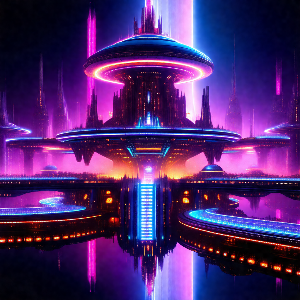 Futuristic cityscape with a large, colorful building in t...
