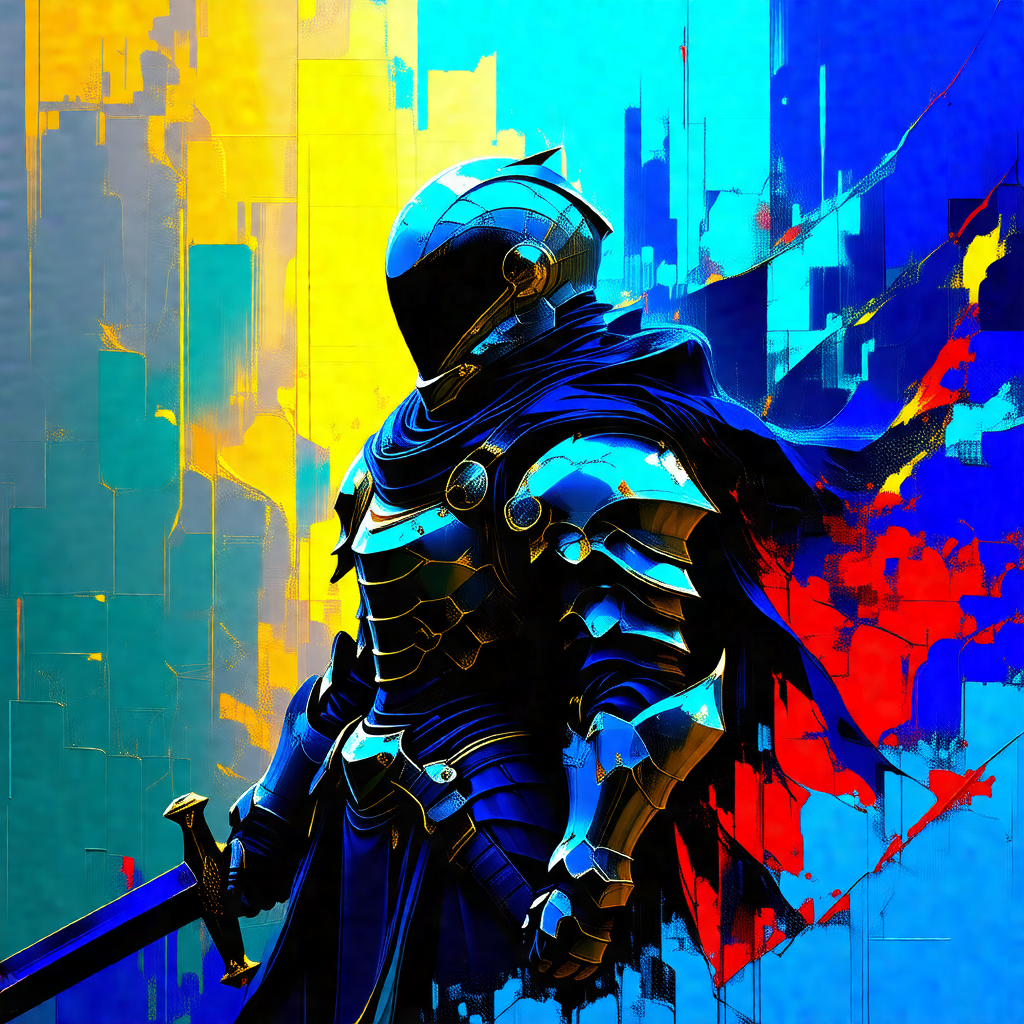 Knight in shining armor, standing in front of a colorful ...