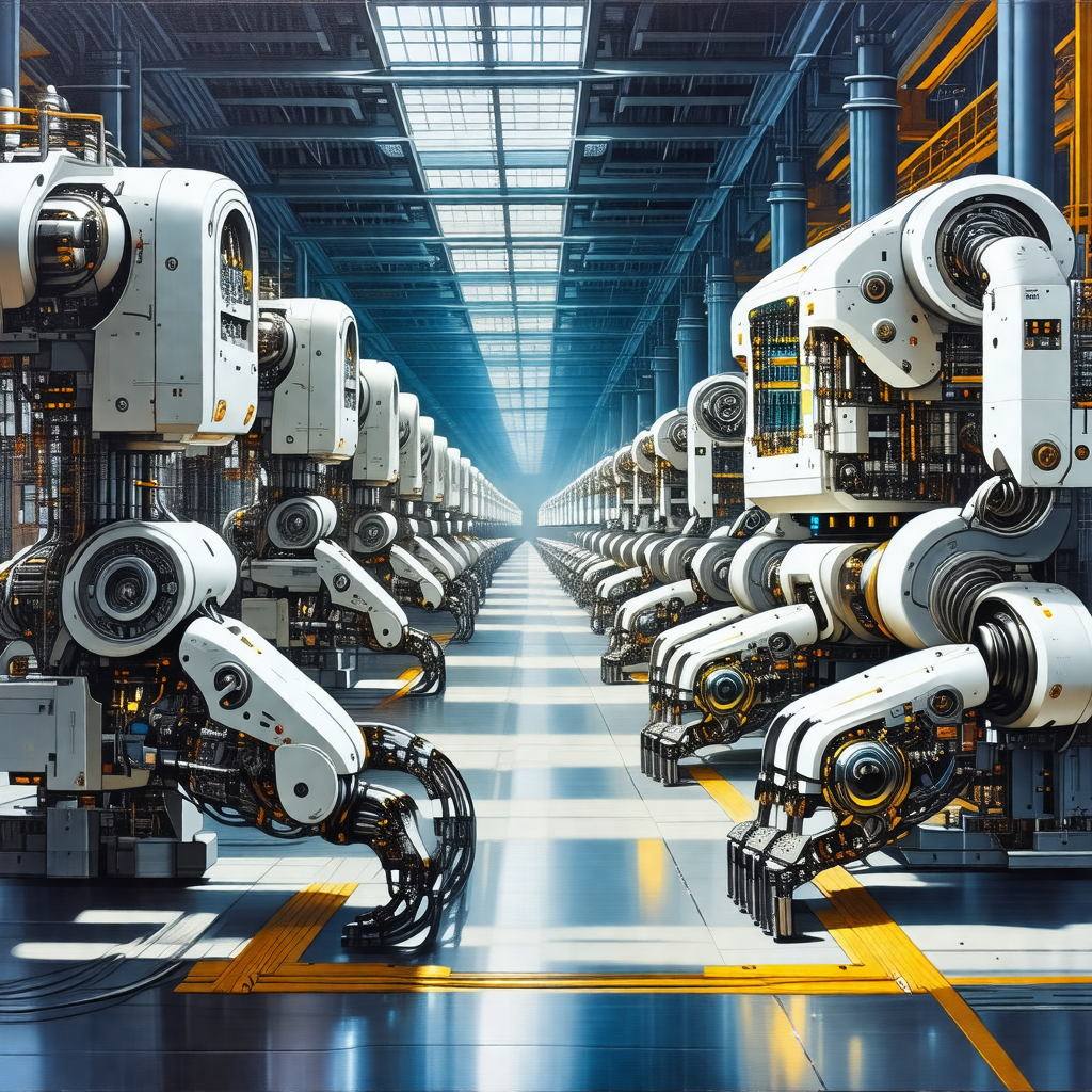 Factory with a large number of white robots lined up in rows