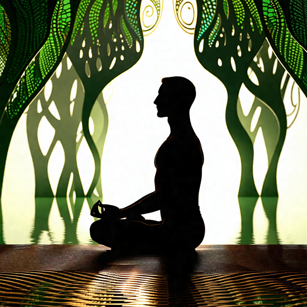 Man sitting in a lotus position on a mat, surrounded by a...