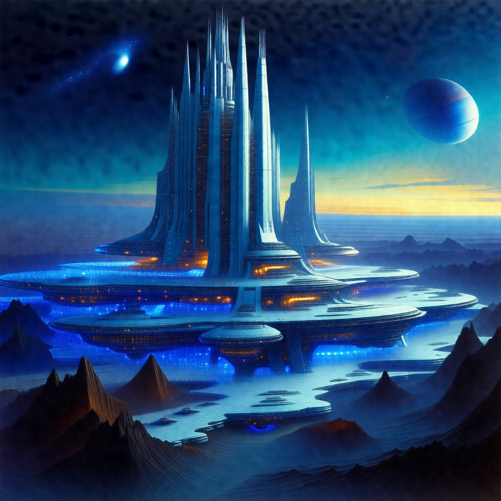 Futuristic city with a large, blue, and white building in...