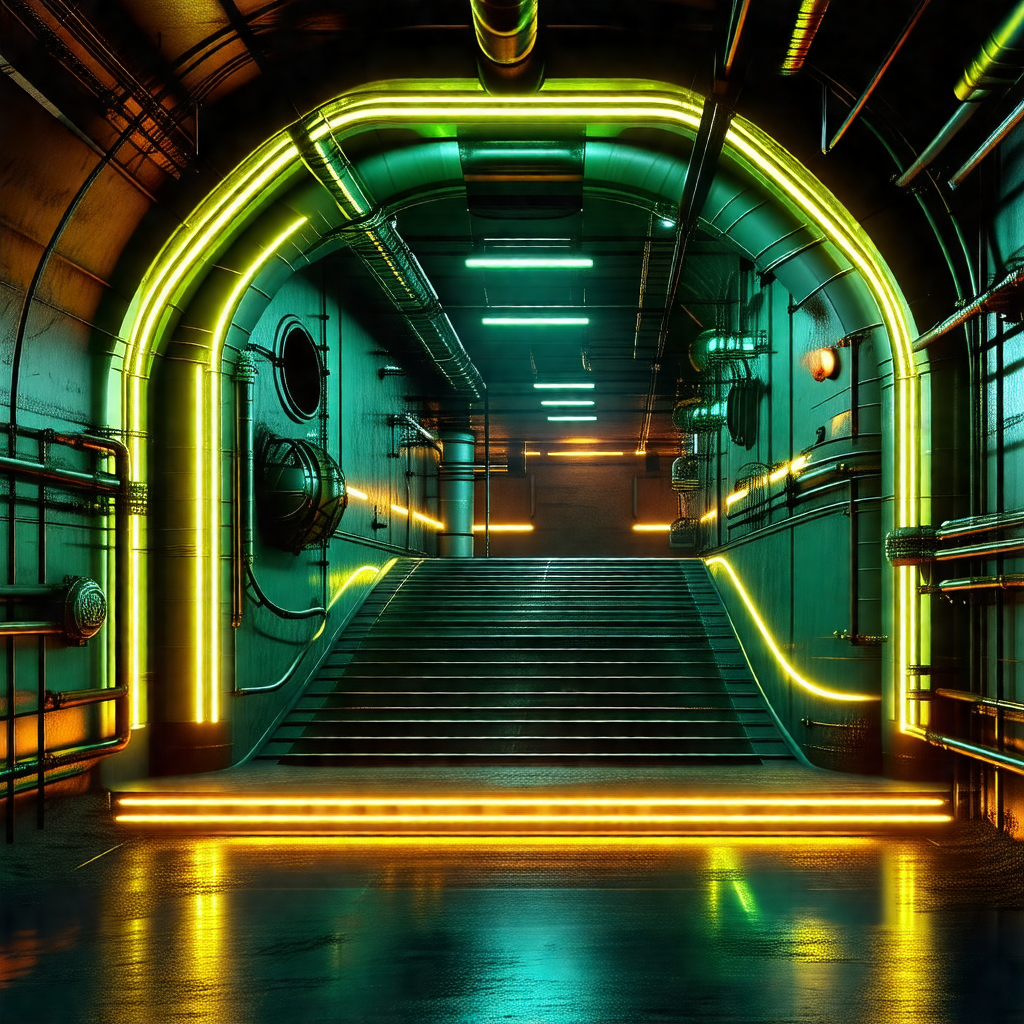 Futuristic, neon-lit tunnel with a staircase leading to a...