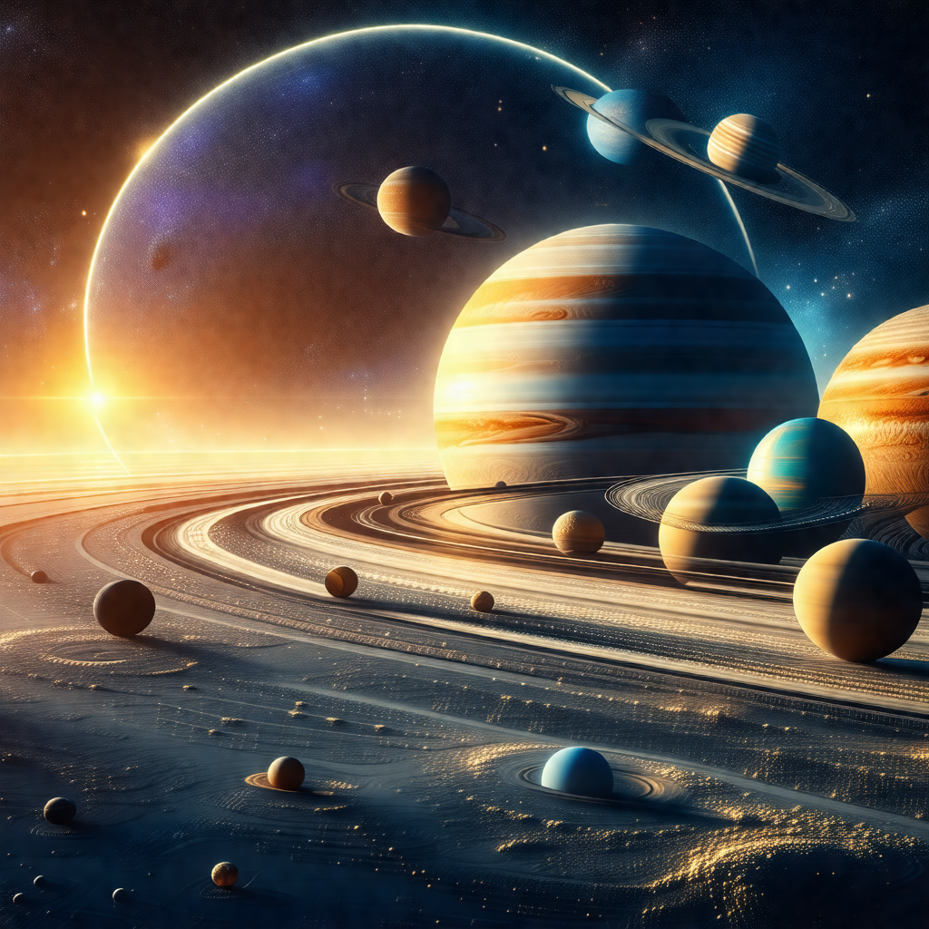 Beautifully detailed painting of a solar system, showcasi...