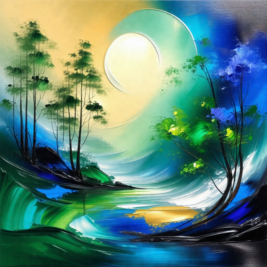 Painting of a forest with a river flowing through it