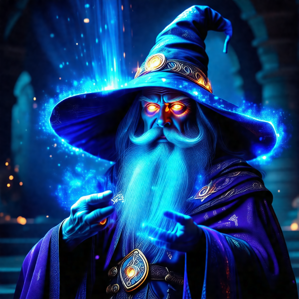Wizard with a long beard and a blue hat, standing in a da...