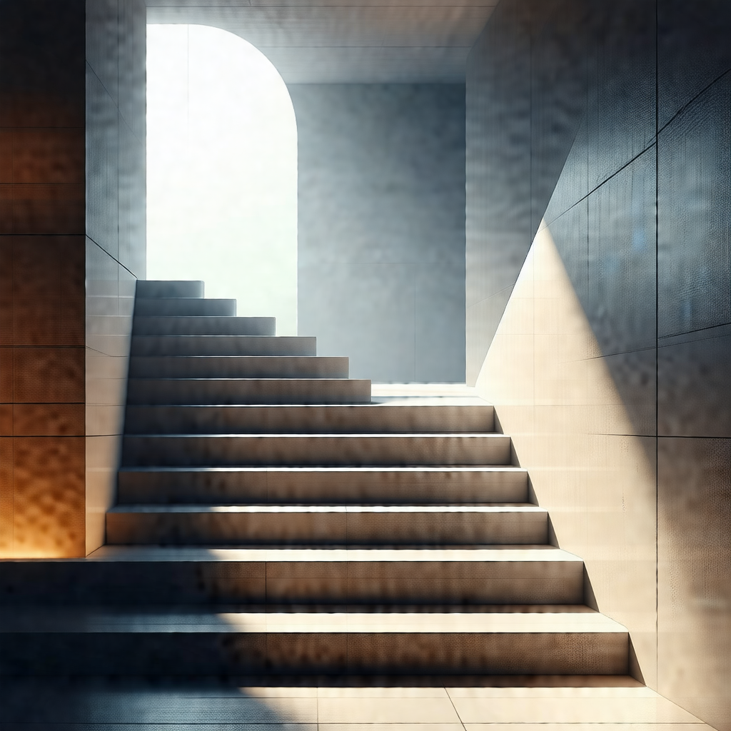 Staircase with a large archway above it